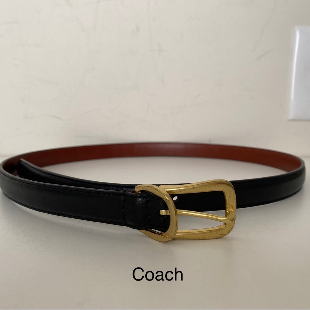 Coach skinny black leather & brass buckle belt L